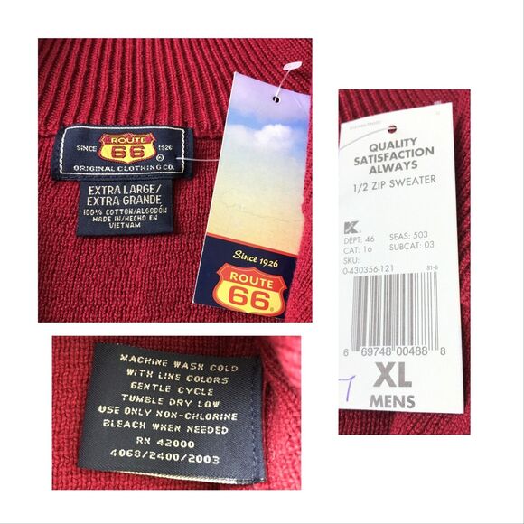 Vintage Route 66 Mens 1/4 Zip Sweater XL Red White Stripe Ribbed 100% Cotton NWT - Picture 2 of 9